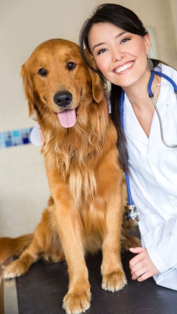 A veterinarian posing next to a Golden Retriever. 