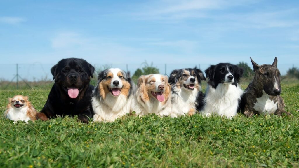 A group of dogs of varying breeds lying in the grass outdoors. 