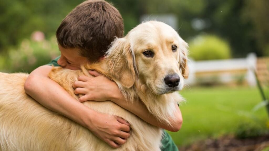 A Golden Retriever being hugged by a young boy outdoors. 