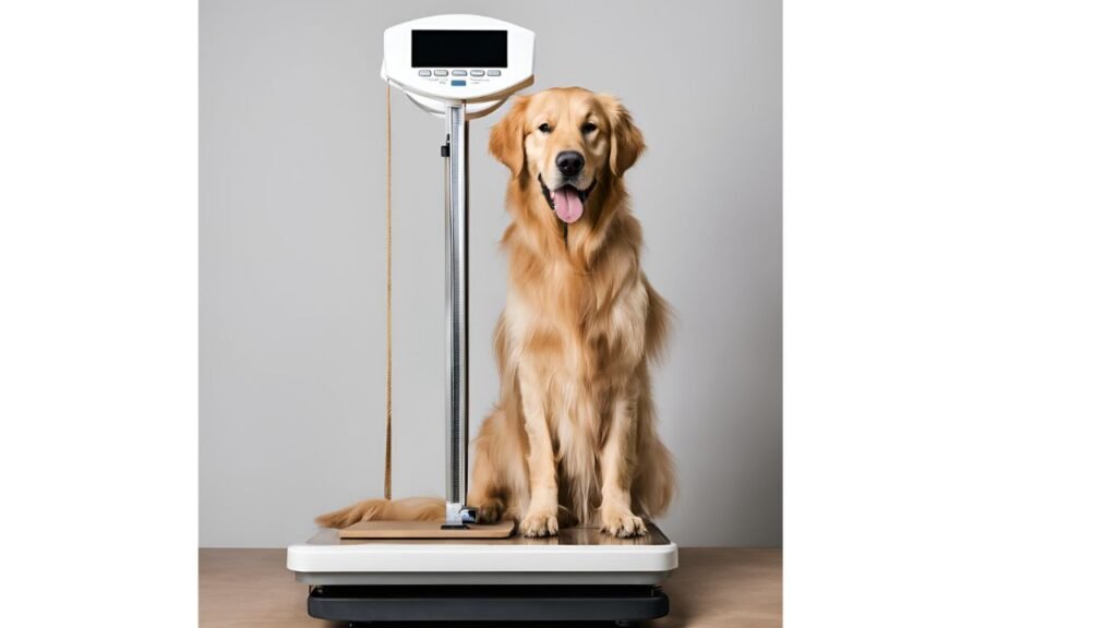 A Golden Retriever being measured for its weight and height sitting on a scale. 