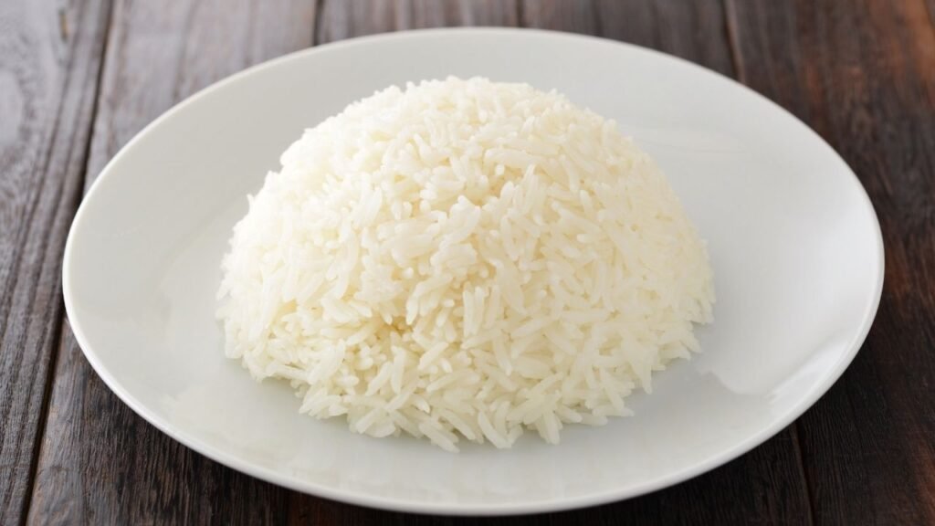 Plain cooked rice, a gentle carbohydrate that supports healthy digestion in dogs.