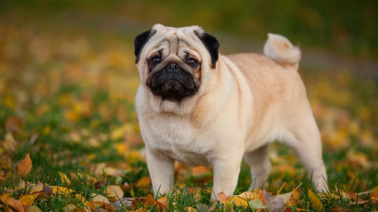 A cute pug standing in a field of leaves.